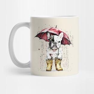 Cute french bulldog under the rain with red umbrella, vintage style, frenchie mon, frenchie dad, frenchie on vintage sun Mug